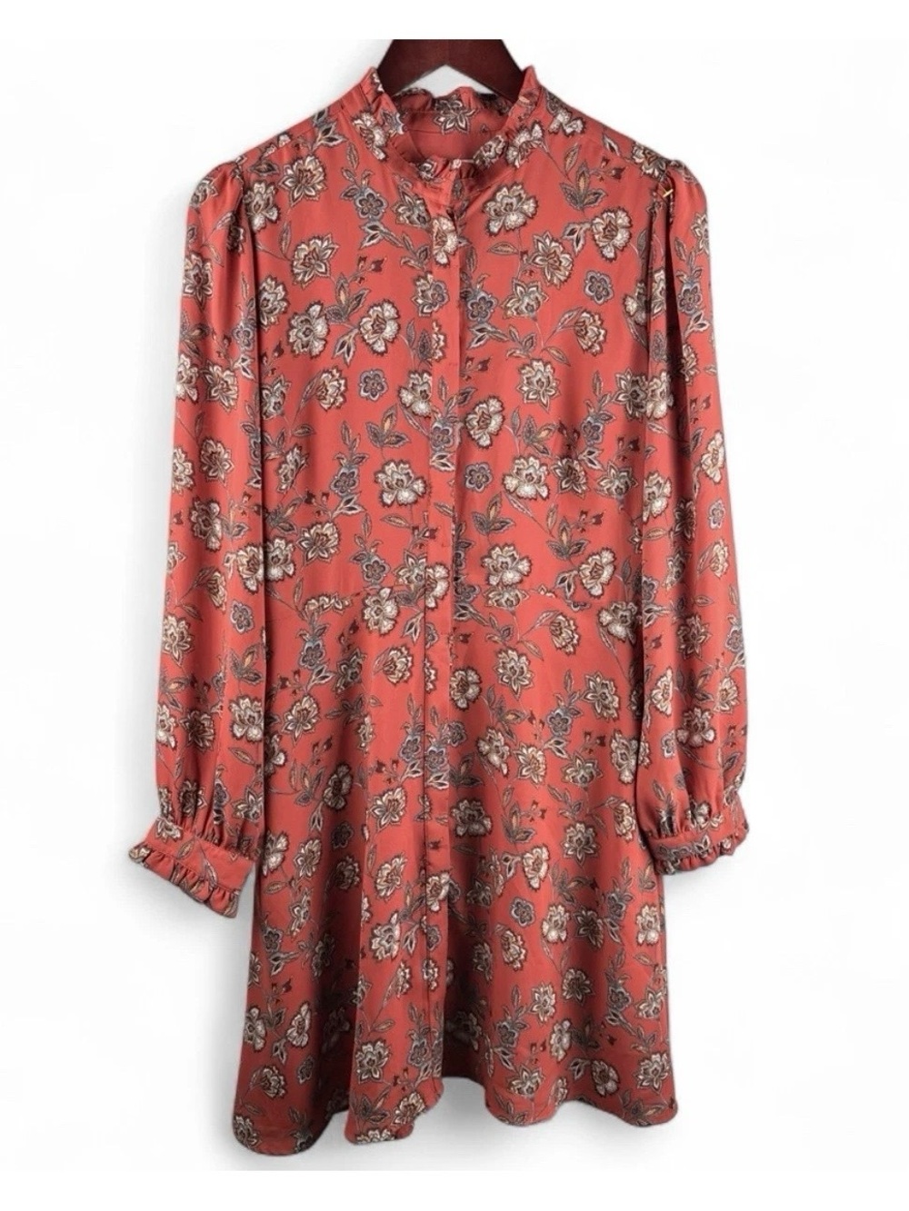 Ann Taylor LOFT Shirt Dress Womens 10 Floral Ruffle Trim Boho Indie Cottagecore